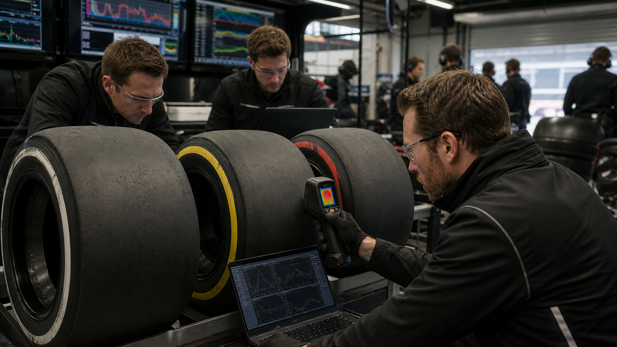 Ingénieurs de course mesurant trois composés de pneus slicks dans un garage