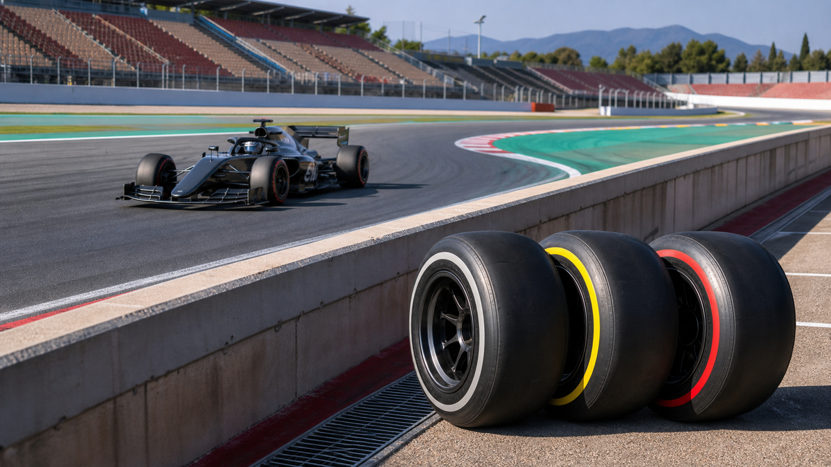 Voiture de course à roues découvertes en virage sur un circuit de style Barcelone