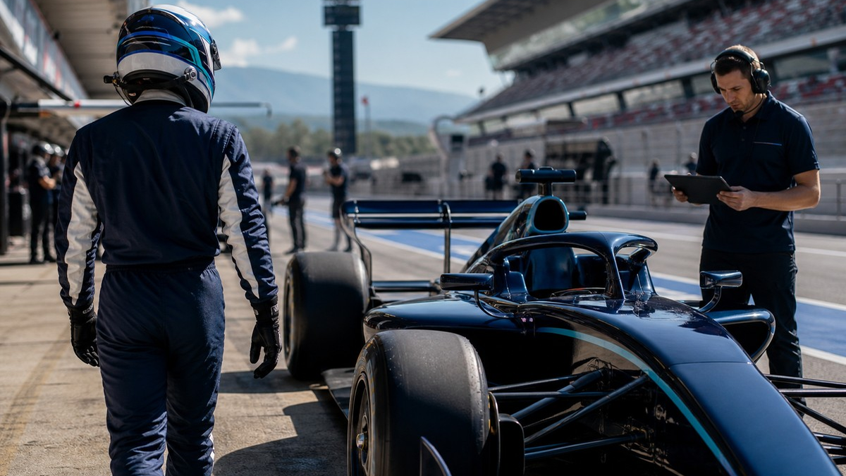 FP1 전 Barcelona pit lane을 걷는 루키 드라이버