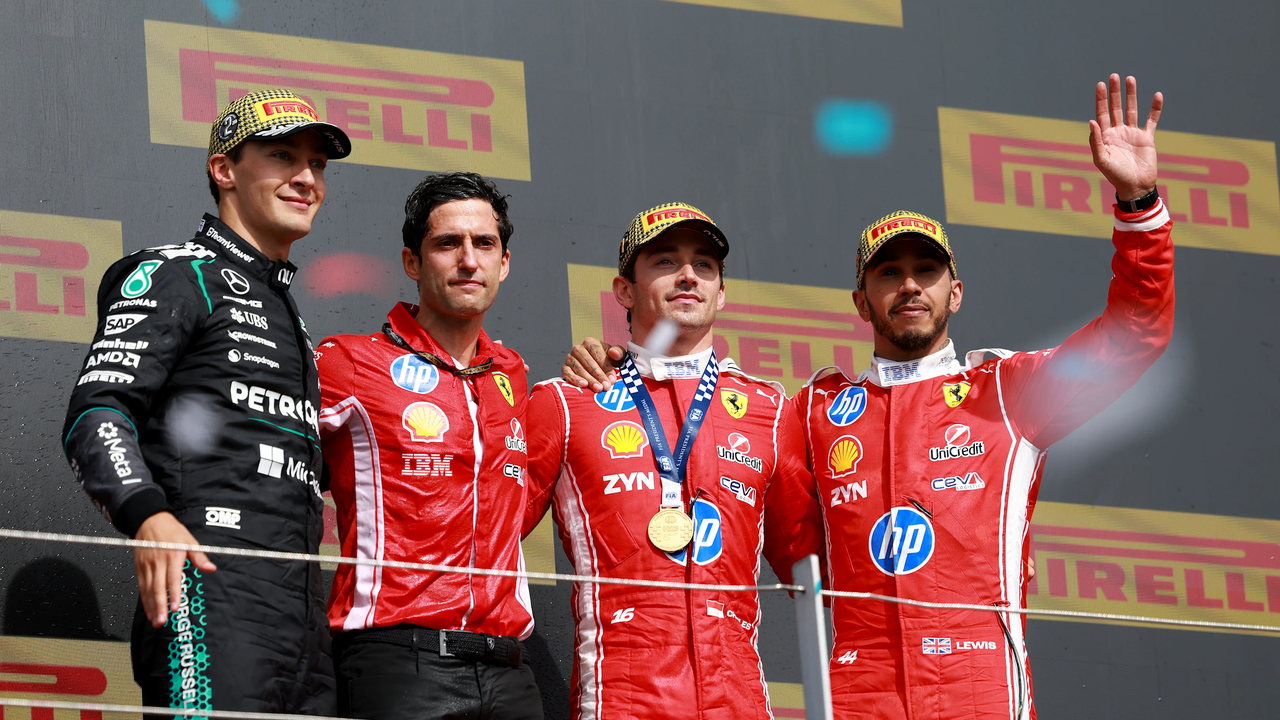 Charles Leclerc and fellow podium finishers after the 2026 British Grand Prix