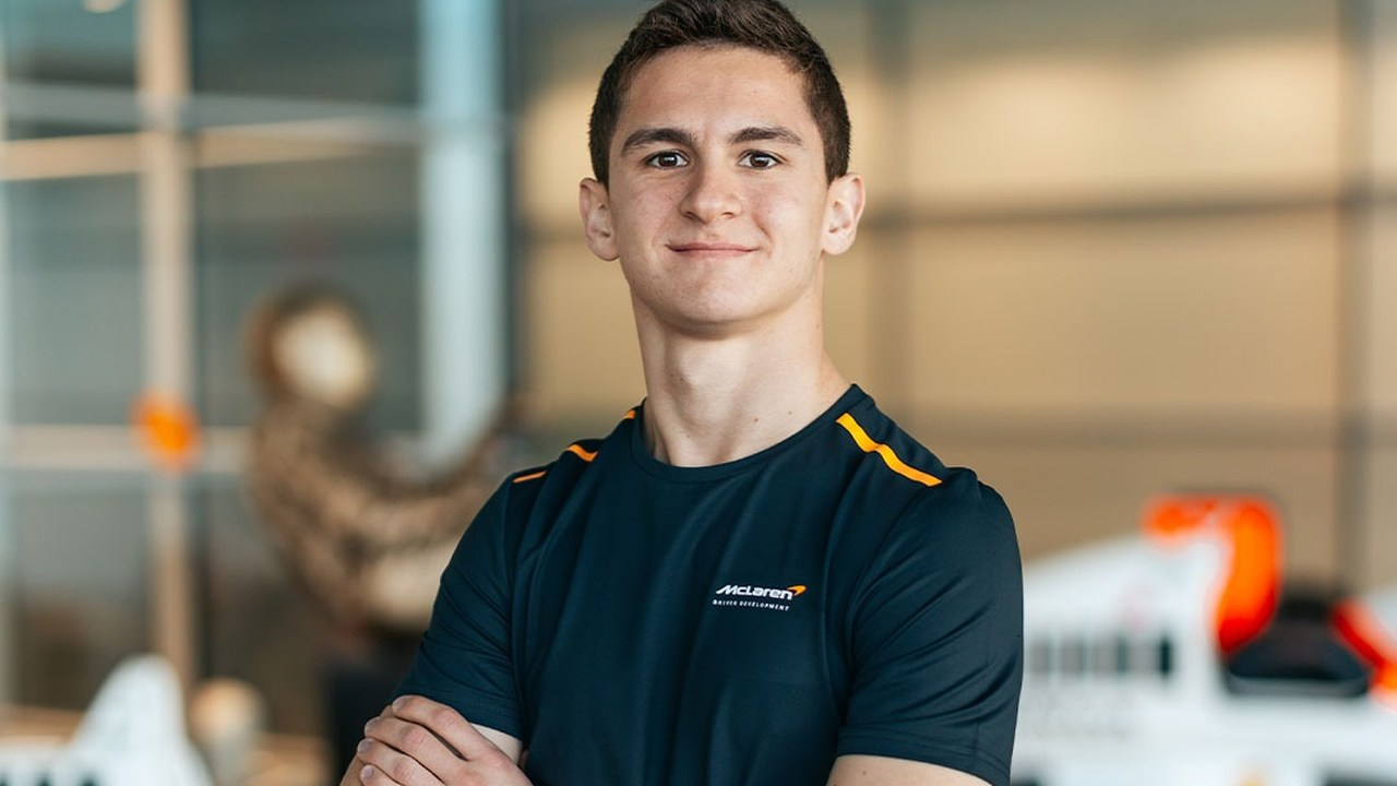 Leonardo Fornaroli wears McLaren team clothing