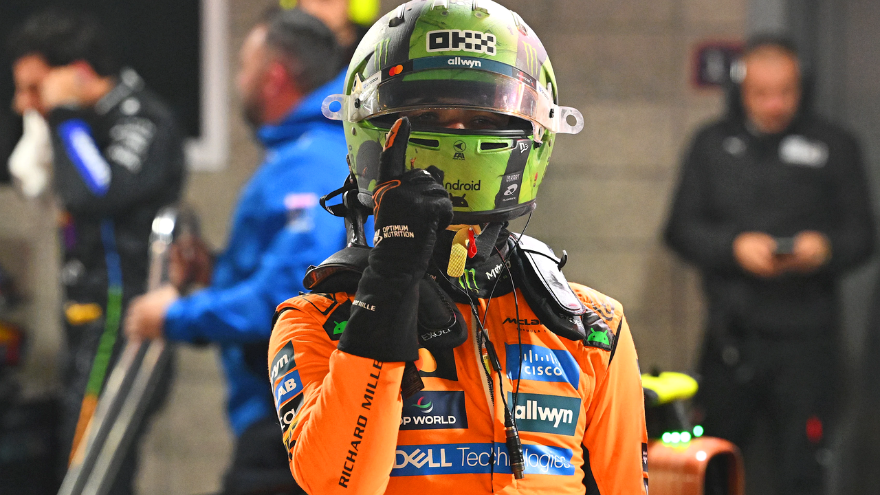 Lando Norris celebrating a qualifying pole for McLaren in Las Vegas