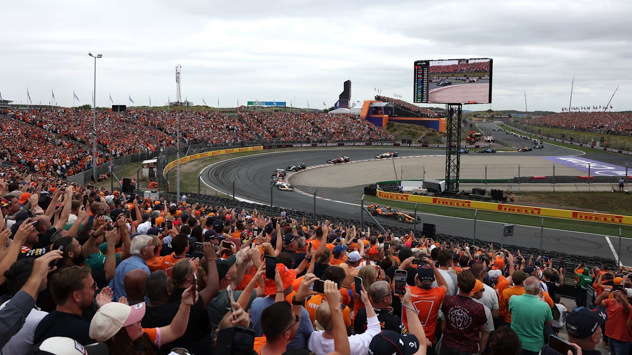 Formula One cars race through Zandvoort