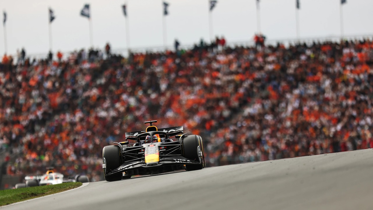 A Red Bull Formula 1 car races at Zandvoort